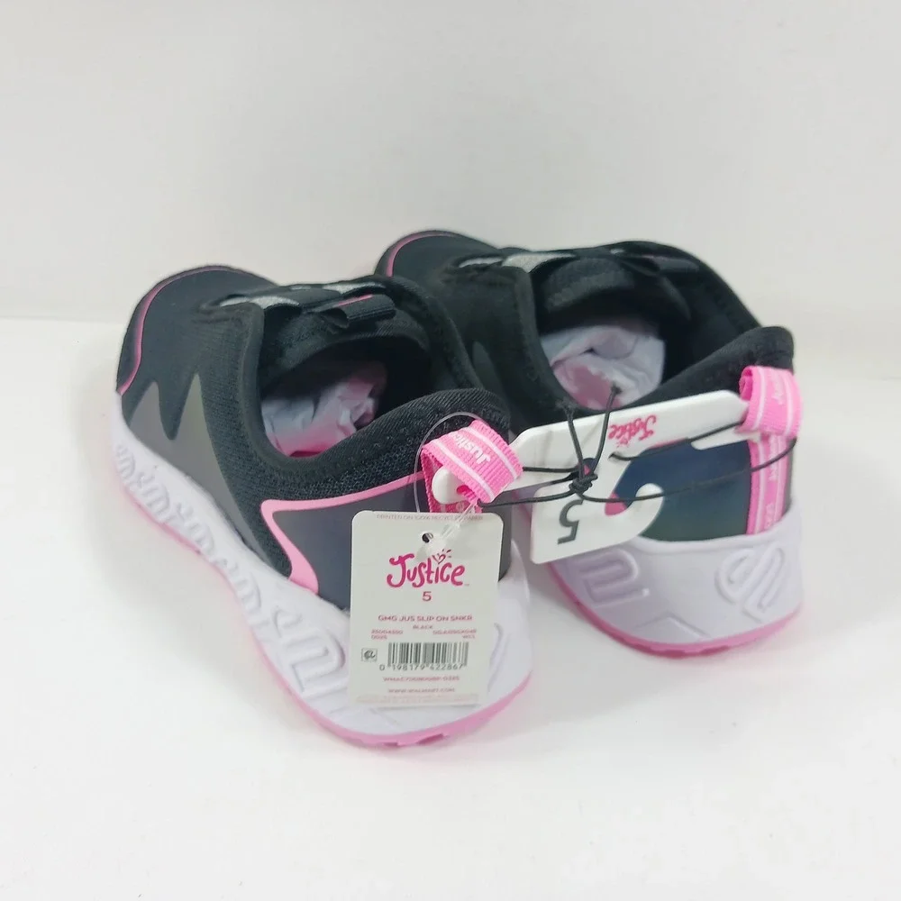 Justice Sport Girls Slip On Sneakers Black Pink Iridescent Size 5 GMG JUS SNKR
